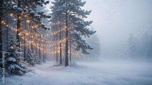 Beautiful snowy pine forest decorated with glowing fairy lights, creating a magical Christmas atmosphere in soft winter fog
