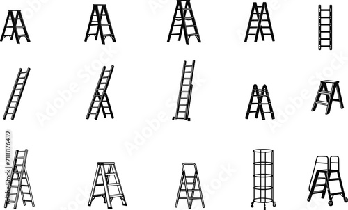 Set of different ladder silhouette and outline icons for home improvement and construction