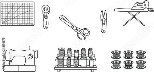 Fotografie Sewing and quilting tools outline icon set for dressmaking and fashion design il