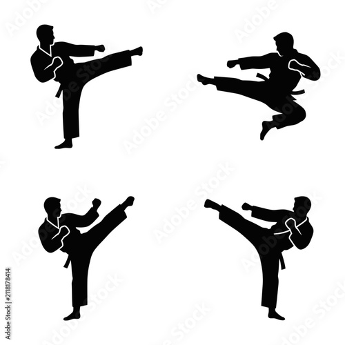 Four Silhouettes of Martial Arts Fighters Performing Kicks.