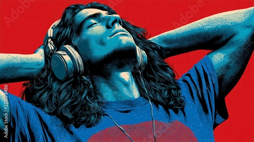 Young man wearing headphones listening to music against vibrant red background in a stylized high-contrast portrait for music and lifestyle marketing