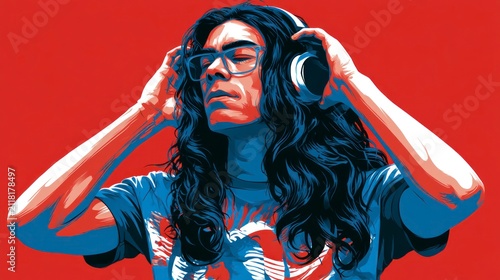 Man with long hair listening to music with headphones on a red background in a cinematic high-contrast shot for music streaming marketing