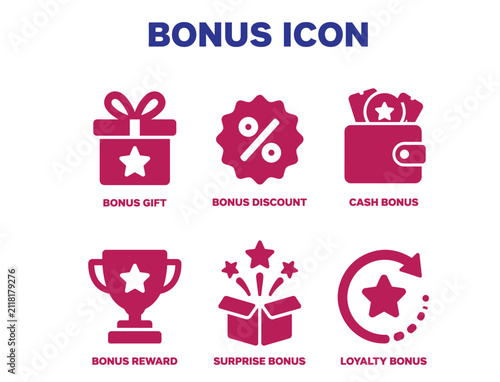 Selection of six engaging icons representing different types of bonuses and rewards programs