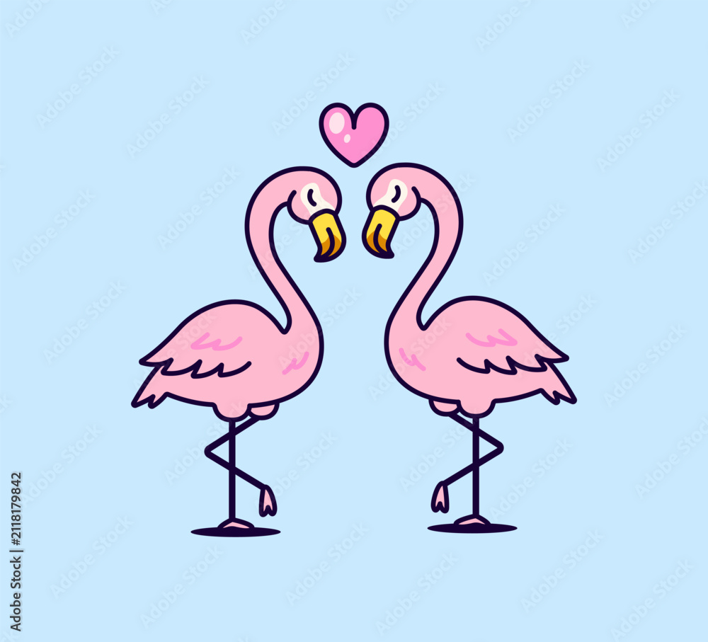 Obraz premium Pink flamingo couple forming a heart shape with their necks and a floating heart above. Cute cartoon vector illustration perfect for Valentine's Day, weddings, romance icon or sticker design