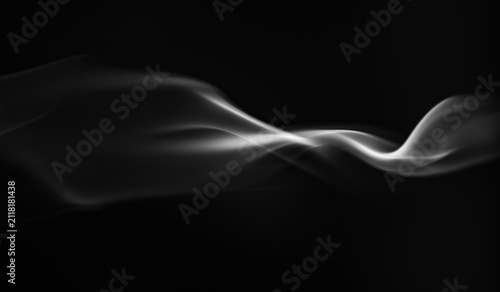 Smooth ethereal white smoke waves flowing on dark black background with abstract
