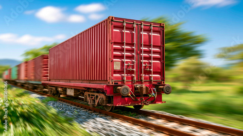 Red cargo shipping container on freight train moving through countryside landscape
