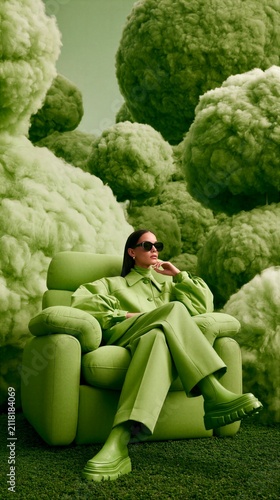 Elegant Woman in Monochromatic Green Fashion Lounge with Surreal Fluffy Trees and Luxury Contemporary Style