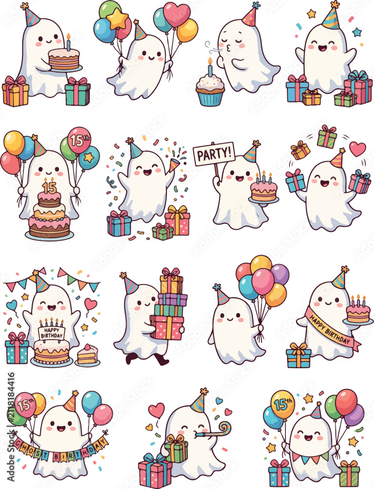 Fototapeta premium Cute Kawaii Birthday Ghost Sticker Set - Party Mascot Character Vector Clipart