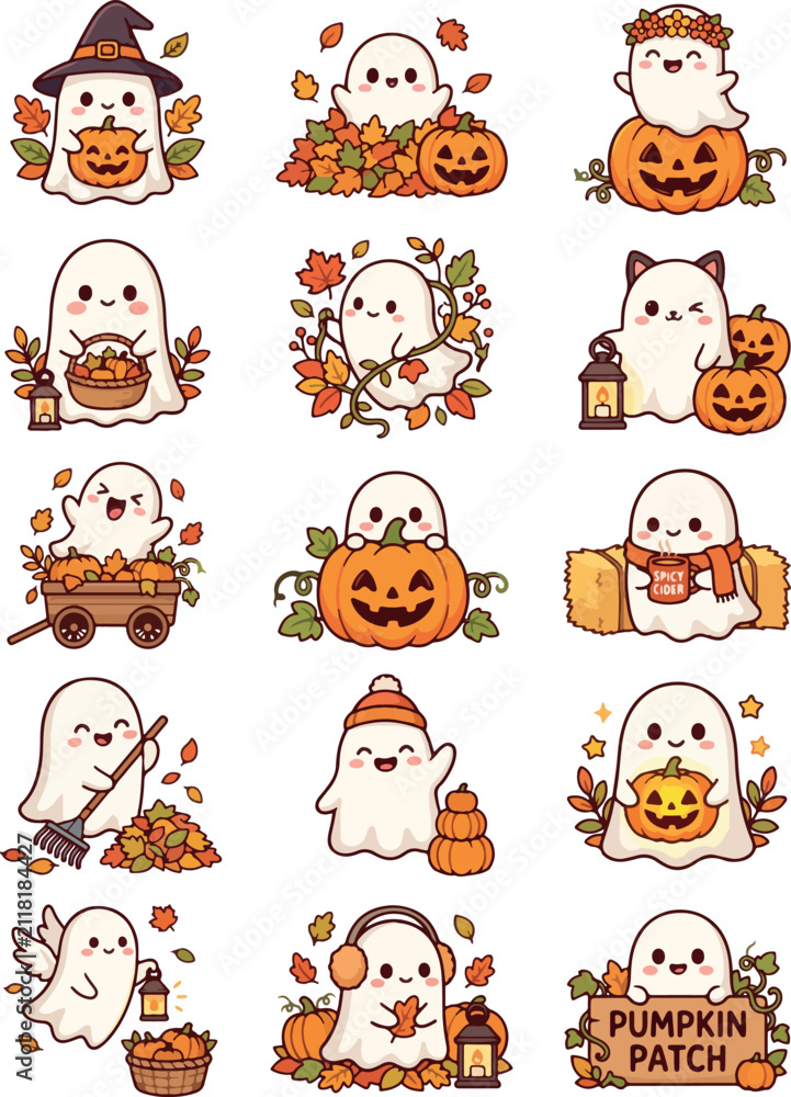 Fototapeta premium Cute Kawaii Halloween Ghost Sticker Set - Autumn Pumpkin Mascot Vector Clipart