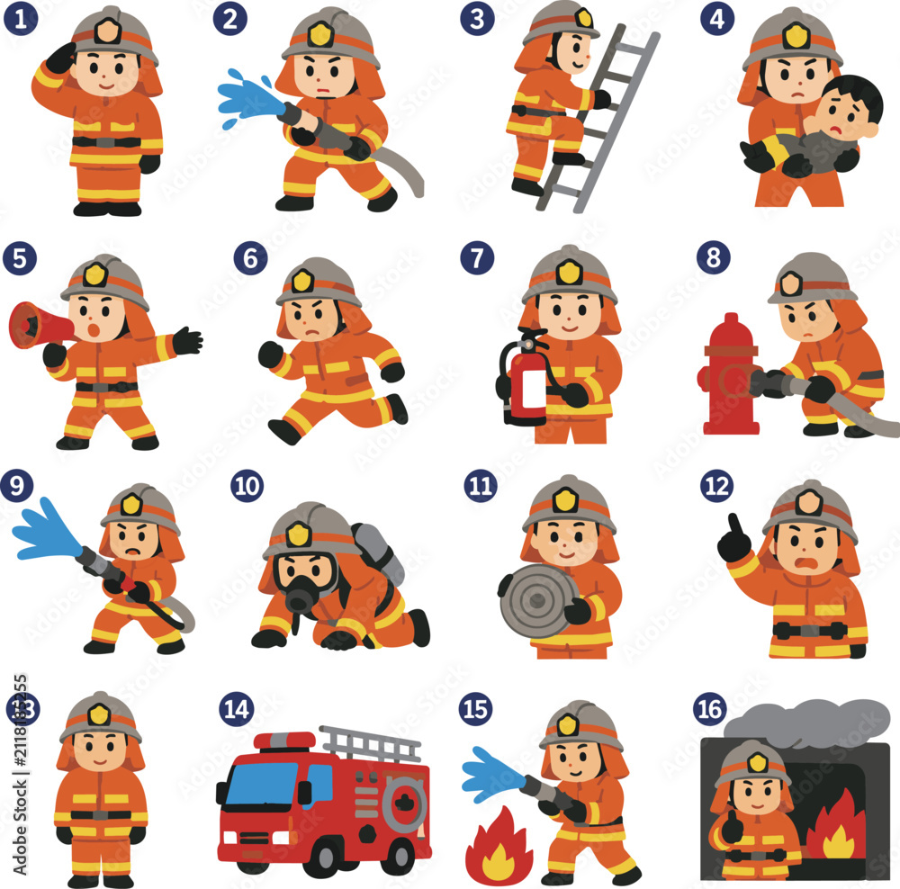 Fototapeta premium Firefighter People Icon Set Illustration