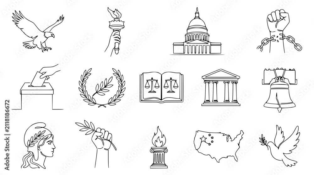 Fototapeta premium American Symbols and Concepts: Law, Freedom, Democracy, Justice, Liberty Icons