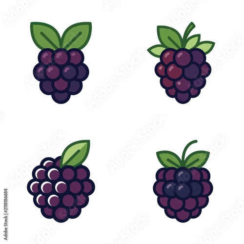Foto Four Purple Blackberries with Green Leaves.