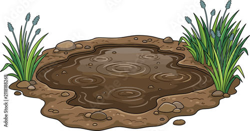 Cuadro en lienzo Dirty Mud Puddle Vector Illustration with Ripples, Surrounding Rocks, and Wild G