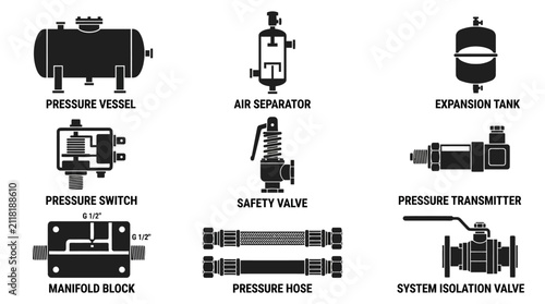 Pressure vessel and pneumatic control system icons.
