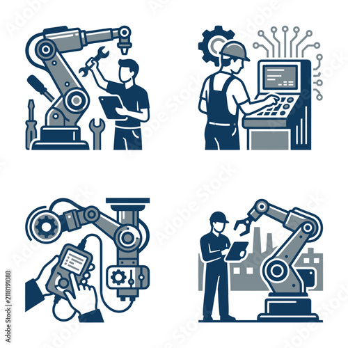 Industrial robots in manufacturing settings.