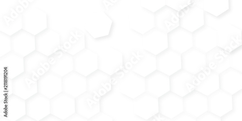 Vector abstract minimal bright white grid metal hexagon background. Embossed Hexagon, honeycomb white mosaic cell web light shadow texture wall decoration wallpaper design.	
