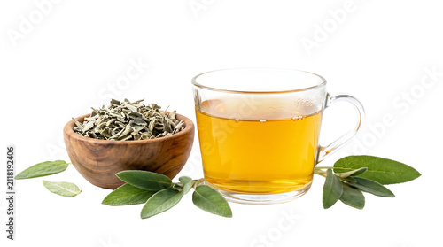 Glass cup of herbal tea with dried leaves and bowl as isolated element