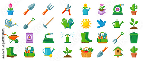 Gardening Tools and Plants Icons Set