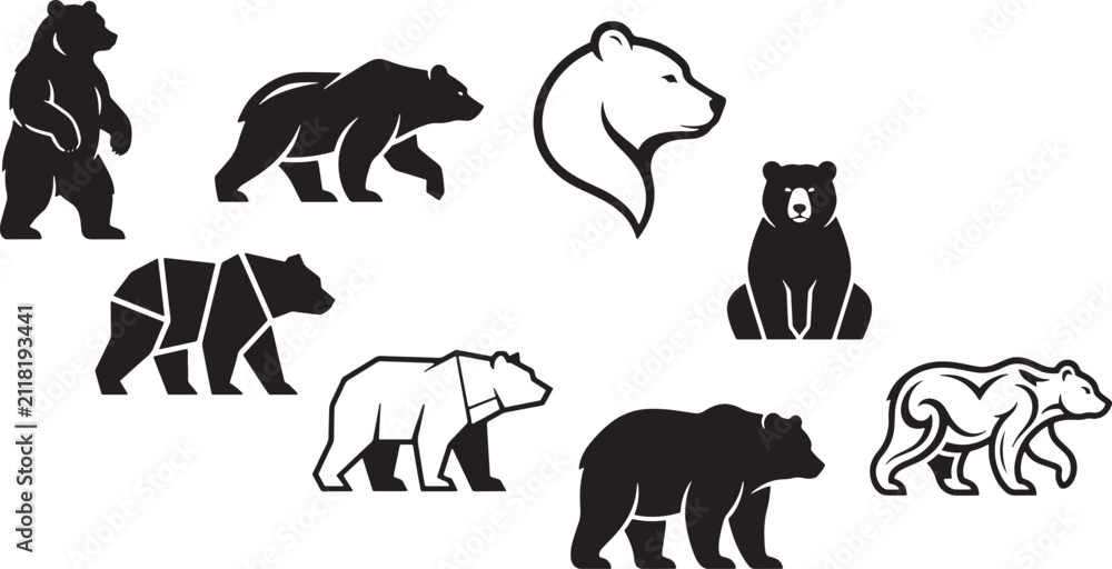 Fototapeta premium Black bear walking and sitting in different poses vector illustration