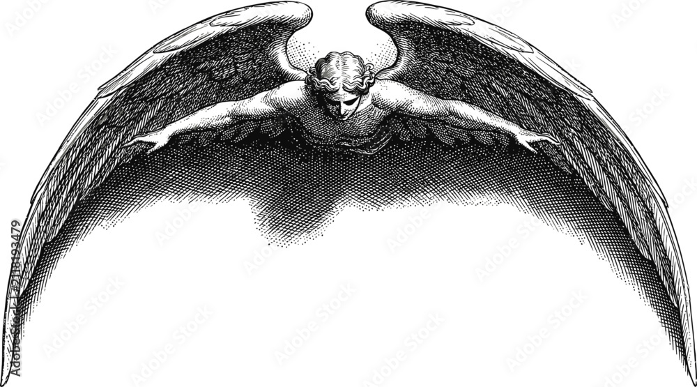 Obraz premium Vintage Engraving of a Winged Male Angel Figure on White Background