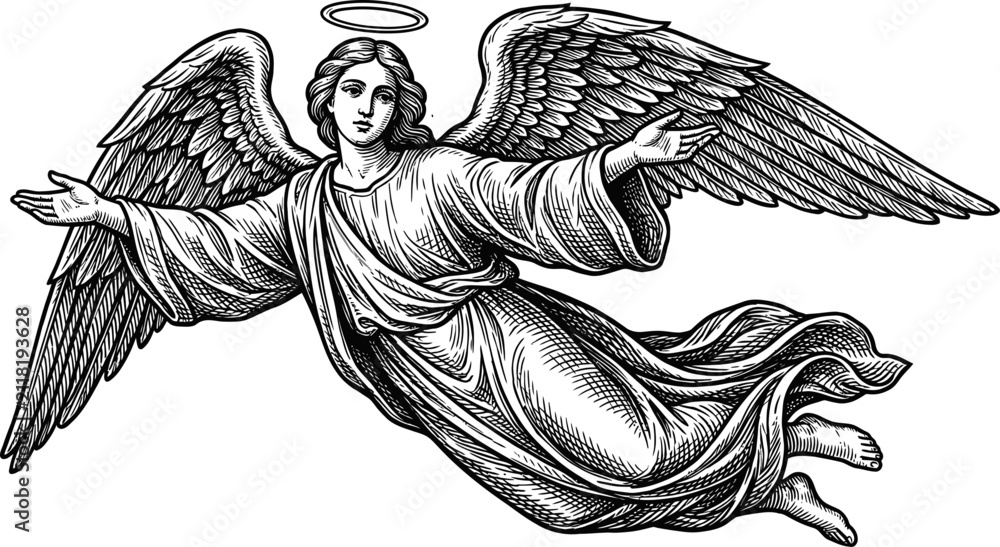 Obraz premium Vintage Style Woodcut Illustration of a Flying Angel with Halo and Wings