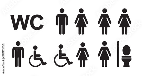Set of black toilet icons featuring human silhouettes gender symbols handicap sign and various bathroom fixtures.