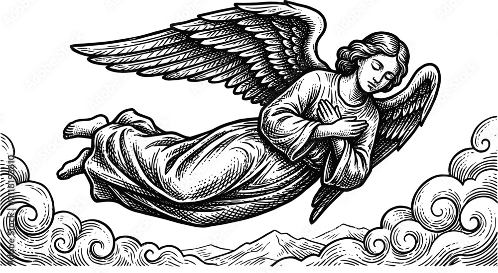 Obraz premium Vintage Engraving of an Angel Flying Over Clouds and Mountains