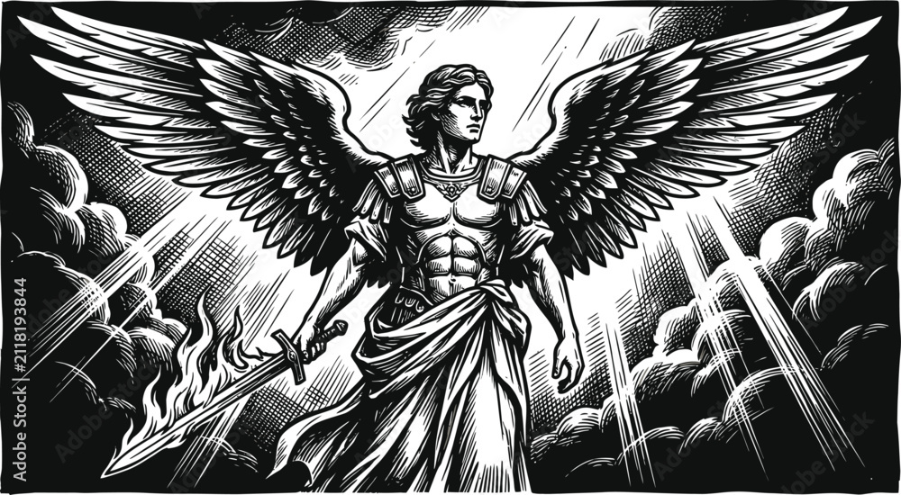 Obraz premium Archangel Michael Holding Flaming Sword Engraving Illustration