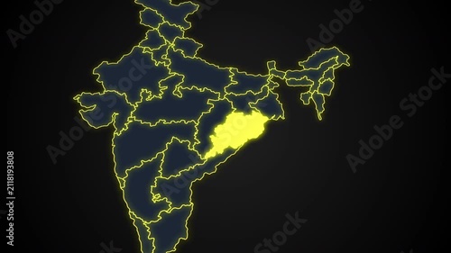 Animated glowing map of Odisha, India, with a highlighted outline on a dark background, ideal for geography, travel, news, and infographic projects.