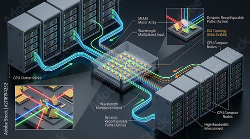 GPU Cluster Optical Circuit Switch OCS Reconfiguration MEMS Mirrors Wavelength Multiplexing 3D