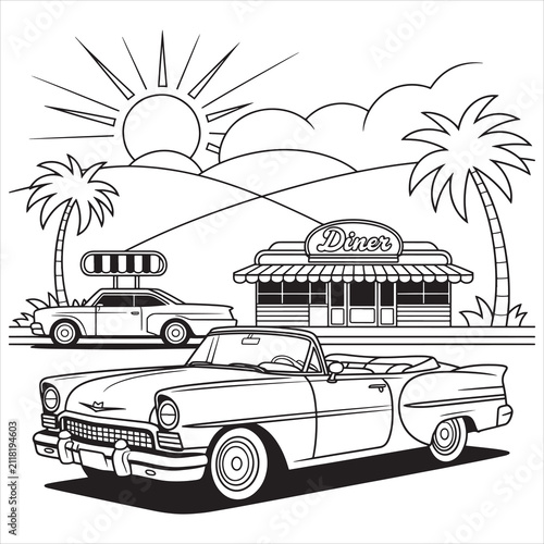 Black and white coloring page featuring a classic convertible car parked in front of a tropical diner