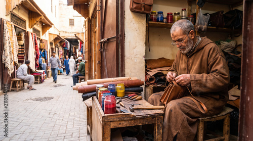 An elderly Moroccan artisan craftsman working on traditional handmade leather goods outside his small shop in a narrow street alleyway of the historic medina market in Morocco Africa.