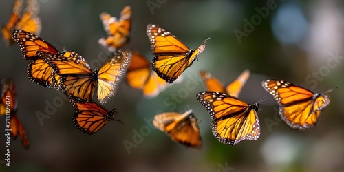 A large group of monarch butterflies flying together against a soft background