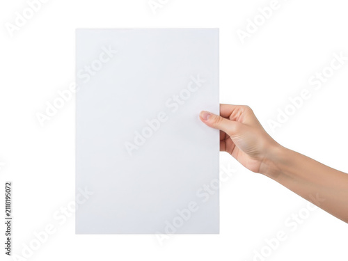A woman holding a blank white piece of paper in her hand isolated on transparent background