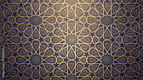 Seamless Islamic geometric pattern with golden lines on a dark blue background.