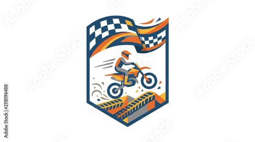 Foto Motocross rider jumping with checkered flag background.