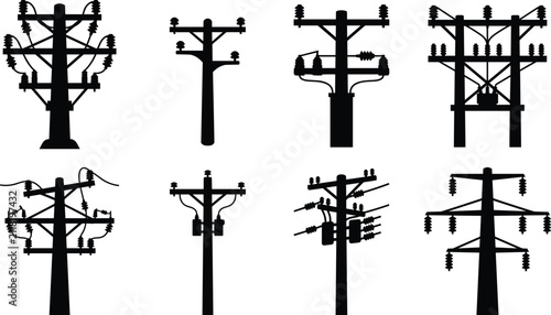 Set of black silhouette icons of various utility poles, transmission structures, and electrical distribution systems