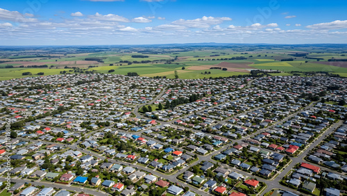 Aerial View of a Dense Residential Suburban Neighborhood Surrounded by Expansive Rural Agricultural Farmland and Rolling Green Fields