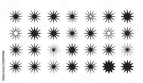 Assorted collection of star burst and glitter vector icons isolated black shapes for graphic design tasks.