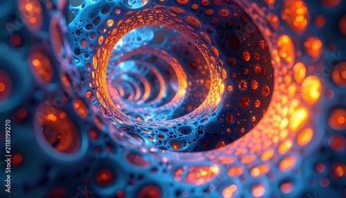 Abstract blue organic tunnel with glowing orange interior.