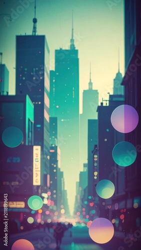 Abstract city street with colorful light bokeh.