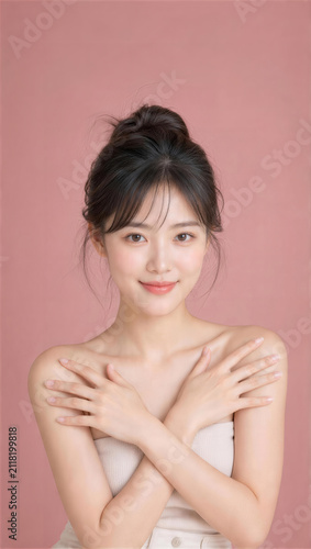 Obraz na płótnie 両手を鎖骨で交差させる日本人の若い女性美容モデルのビューティーポートレート
