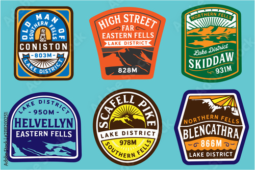 Lake District, Helvellyn, Scafell Pike, Blencathra, Skiddaw, High Street, Old Man of Coniston, Fells, UK mountains, vintage badge, retro emblem, mountain sticker, linocut, black