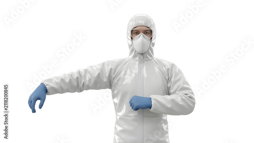 Person Wearing Full Body Protective Medical Hazmat Suit with Face Mask and Blue Gloves for Infection Control and Biohazard Safety