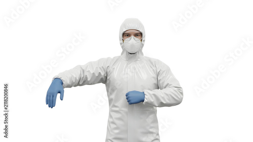 Professional Medical Expert Wearing Protective Hazmat Suit and Mask Performing Safety Gestures Against a Plain White Background