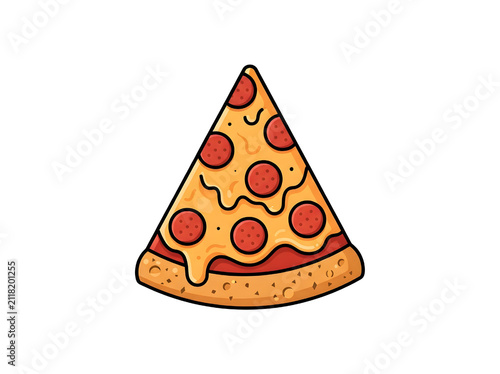 Flat lay cartoon slice of pepperoni pizza with melted cheese and tomato sauce