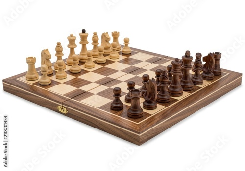 Classic Wooden Chess Set on White Background.