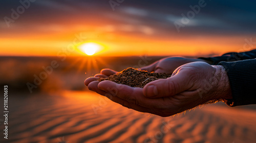 Human hands holding a handful of harvested grains at sunset in the desert with agriculture, abundance