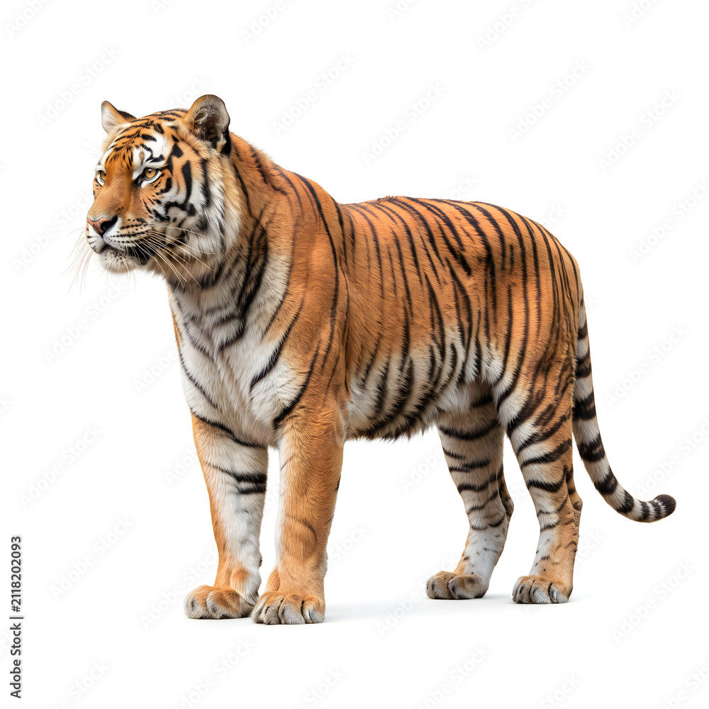 Fototapeta premium Full body portrait of a majestic tiger standing isolated on a clean white background