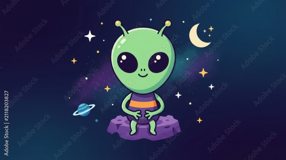 Fototapeta premium alien character standing in space surrounded by stars and planets